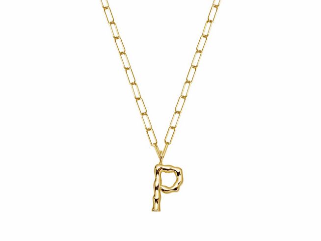 Xenox Sterling Silber Kette XS4150G/P mit einer Länge von 45 cm, Gelbgold Vergoldung, präsentiert den Buchstaben P im Letter Game Design. Ideal für individuelle Akzente.