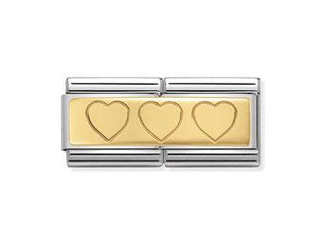 403071006-0 Composable DOUBLE Classic von Nomination mit drei Herzen in goldener und silberner Ausführung für individuelles Schmuckdesign.