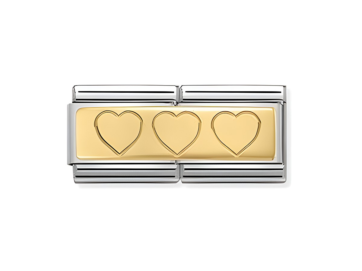 Composable DOUBLE Classic von Nomination mit drei Herzen in goldener und silberner Ausführung für individuelles Schmuckdesign.