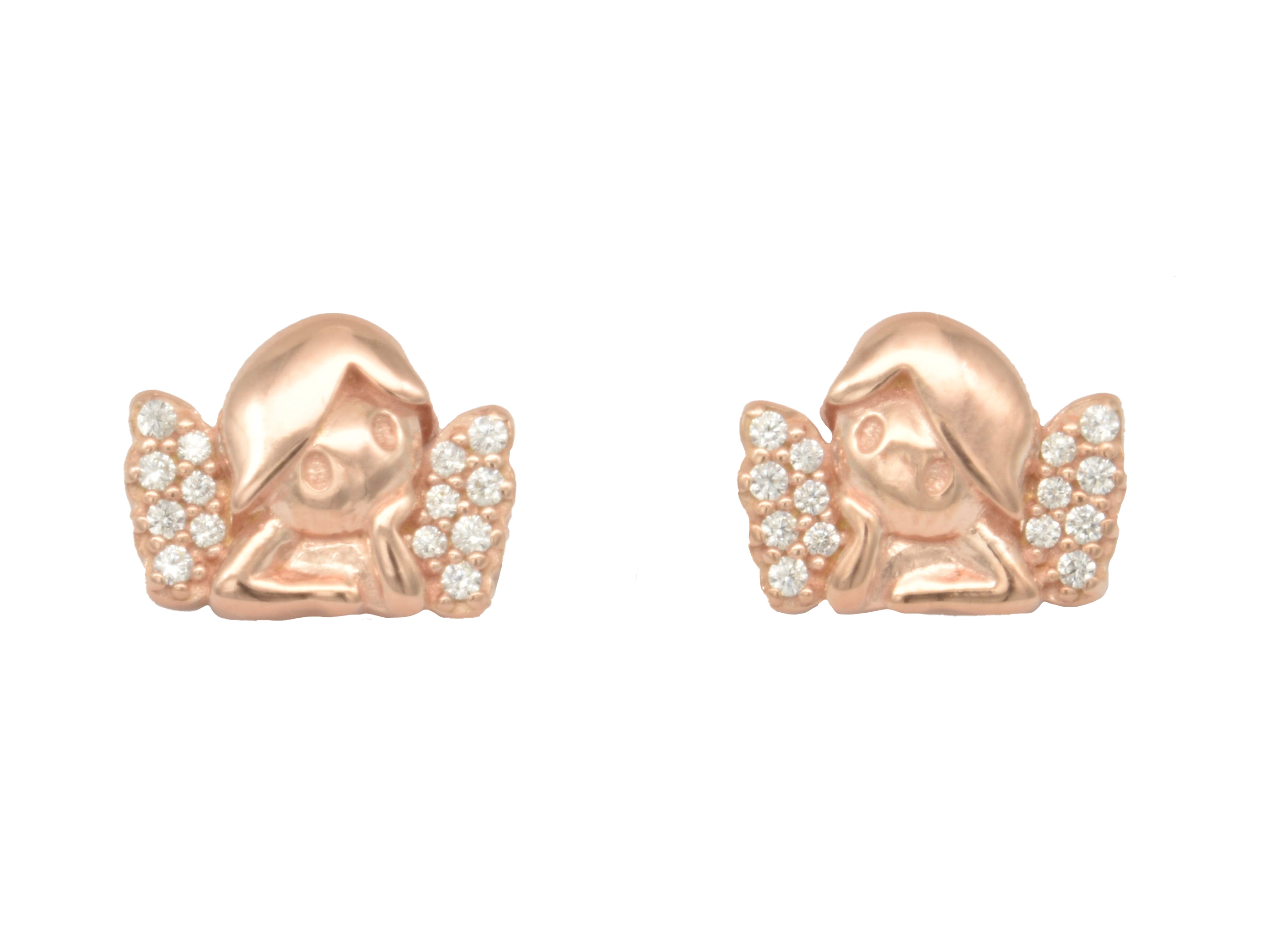 Silber Ohrringe Ohrstecker in Form von Schutzengeln aus vergoldetem Sterling Silber, poliert und mit Zirkonia verziert, ideal für jeden Anlass. Hersteller Juwelier Harnisch in Roségold auf Silber.