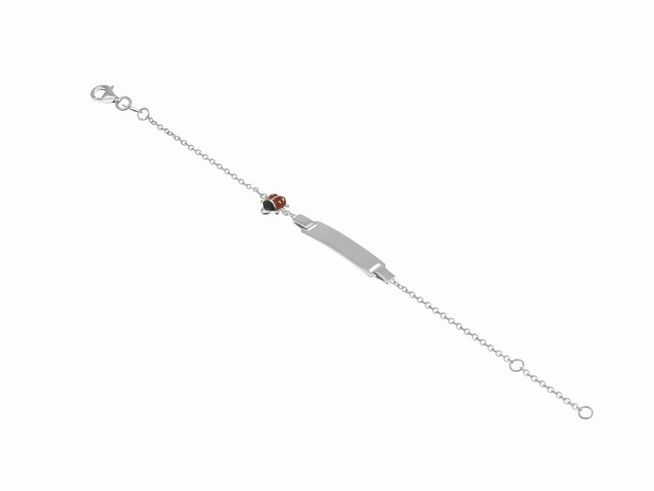Gravurarmband Ident Marienkäfer gravierbar aus rhodiniertem Sterling Silber für Kinder in den Größen 14cm und 16cm, mit einem Marienkäfer-Applikation.