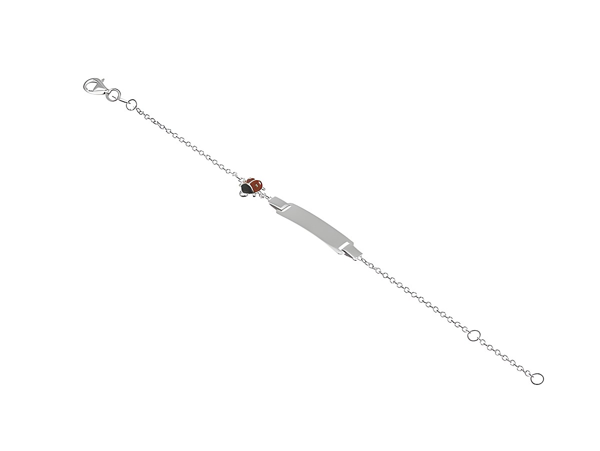 Gravurarmband Ident Marienkäfer gravierbar aus rhodiniertem Sterling Silber für Kinder in den Größen 14cm und 16cm, mit einem Marienkäfer-Applikation.
