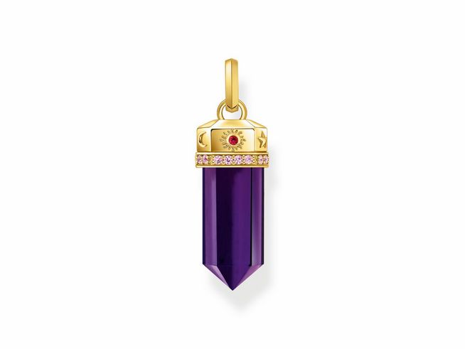 Thomas Sabo Anhänger in Silber vergoldet mit violettem synthetischen Korund und Zirkonia, in Form eines Pendels, elegantes Design mit Anhängeröse und verziertem Kappenbereich.