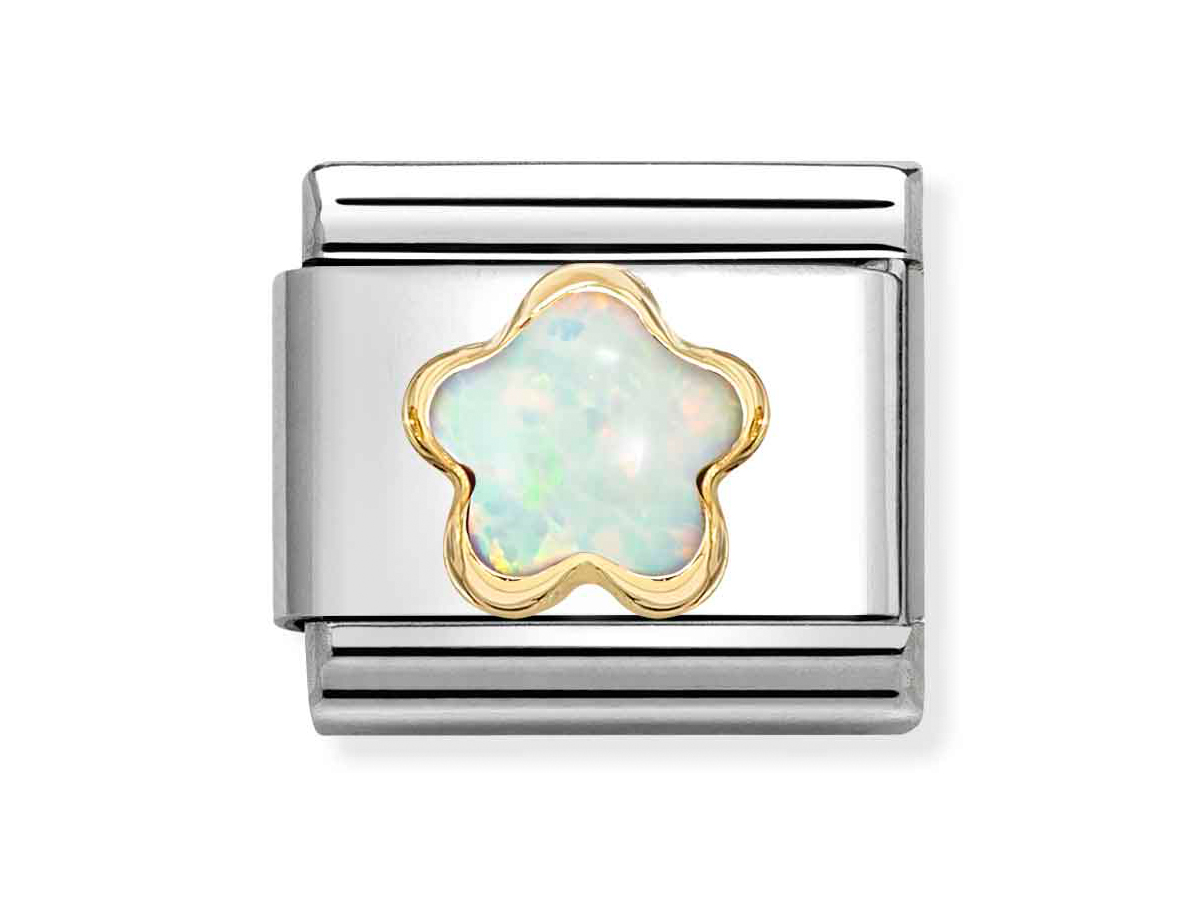 Nomination 030522 07 - CLASSIC Edelsteinblüte in 750/- Gelbgold-Fassung - Opal - weiß