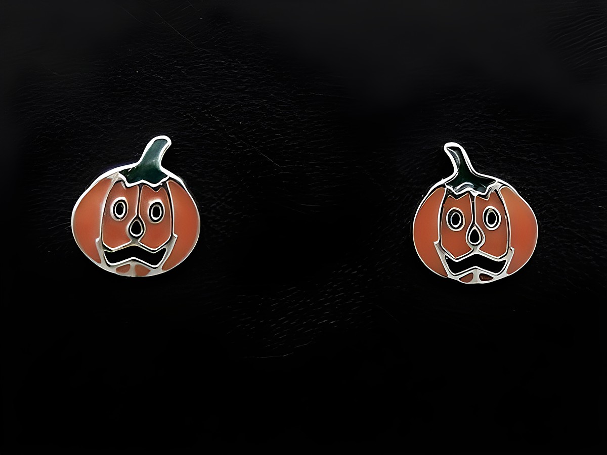 Kürbis Silber Ohrringe rhodiniert Ohrstecker für Kinder mit einem fröhlichen Gesicht, ideal für den Herbst, Hersteller Juwelier Harnisch.