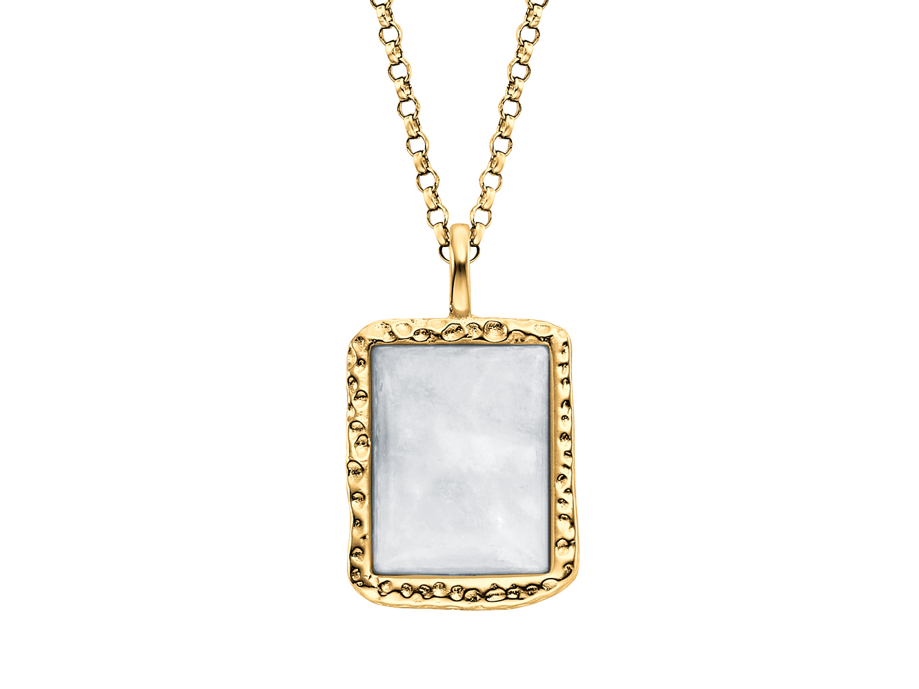 Helle Kette aus Silber mit einer platierten goldenen Fassung und einem rechteckigen Mondsteinanhänger, elegant und zeitlos designed. Ideal für besondere Anlässe oder den Alltag.