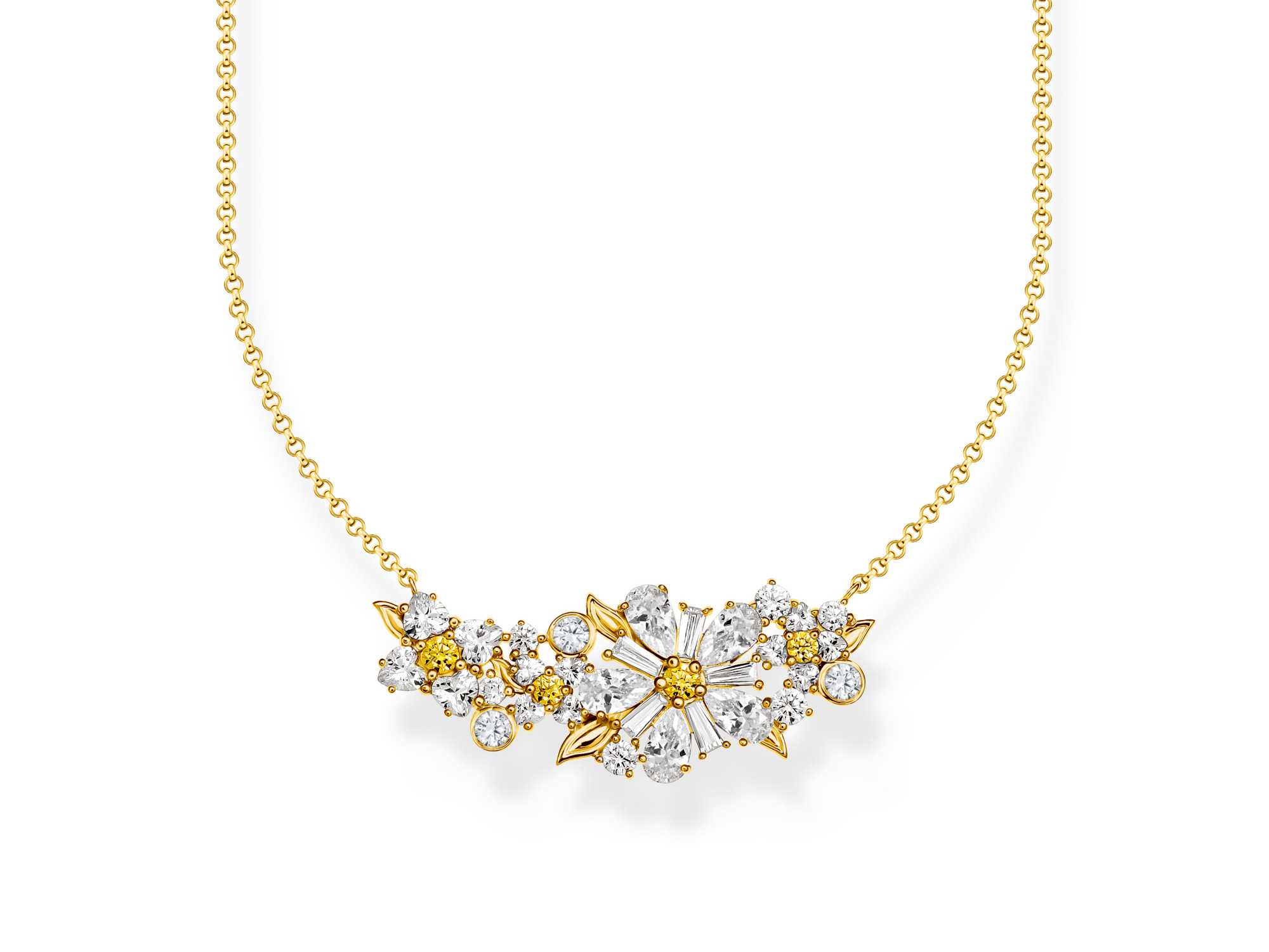 Eine vergoldete Kette von Thomas Sabo mit einem filigranen Blumen-Design aus funkelnden Steinen in Form einer Blüte, ideal für elegante Anlässe, Länge von 40 bis 45 cm.