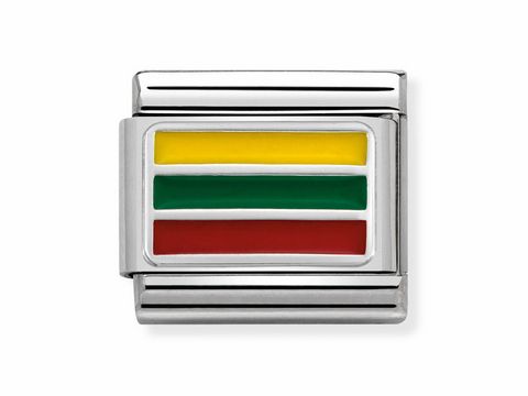 Flagge von Litauen in Form eines charmanten Beads aus Edelstahl mit drei horizontalen Streifen in den Farben Gelb, Grün und Rot. Ideal für das Modul-System von Nomination.