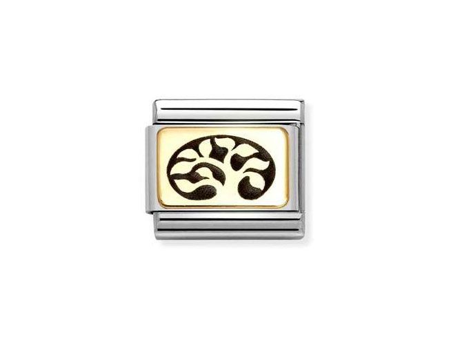 Zierliches Charm mit einem Lebensbaum-Motiv in schwarzer Emaillierung auf einem goldfarbenen Hintergrund, umrahmt von Edelstahl. Modell Nummer 030166 35 Classic von Nomination.