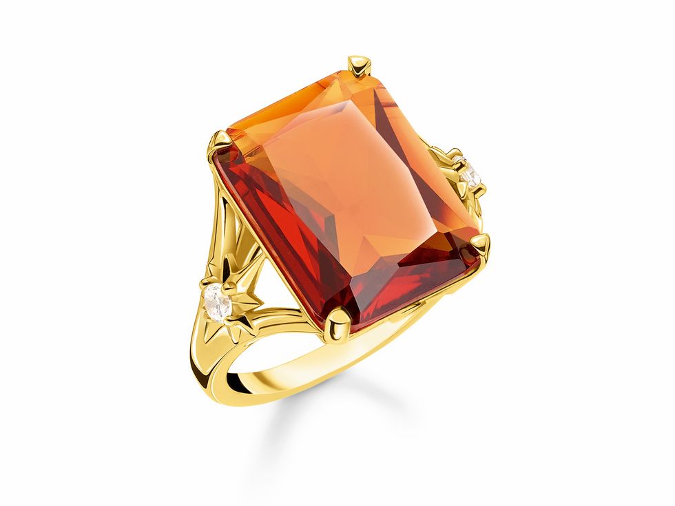 Thomas Sabo Ring TR2261-971-8-56 aus Sterling Silber mit vergoldetem Gelbgold, verziert mit einem orangefarbenen Glas-Keramik Stein und Zirkonia, Größe 56.
