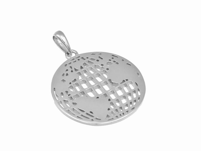 Silber Anhänger in Form eines flachen internationalen Globus, rhodiniert, mit feinen Linien und Löchern für einen luftigen Look, hergestellt von Juwelier Harnisch, diverse Motive erhältlich.