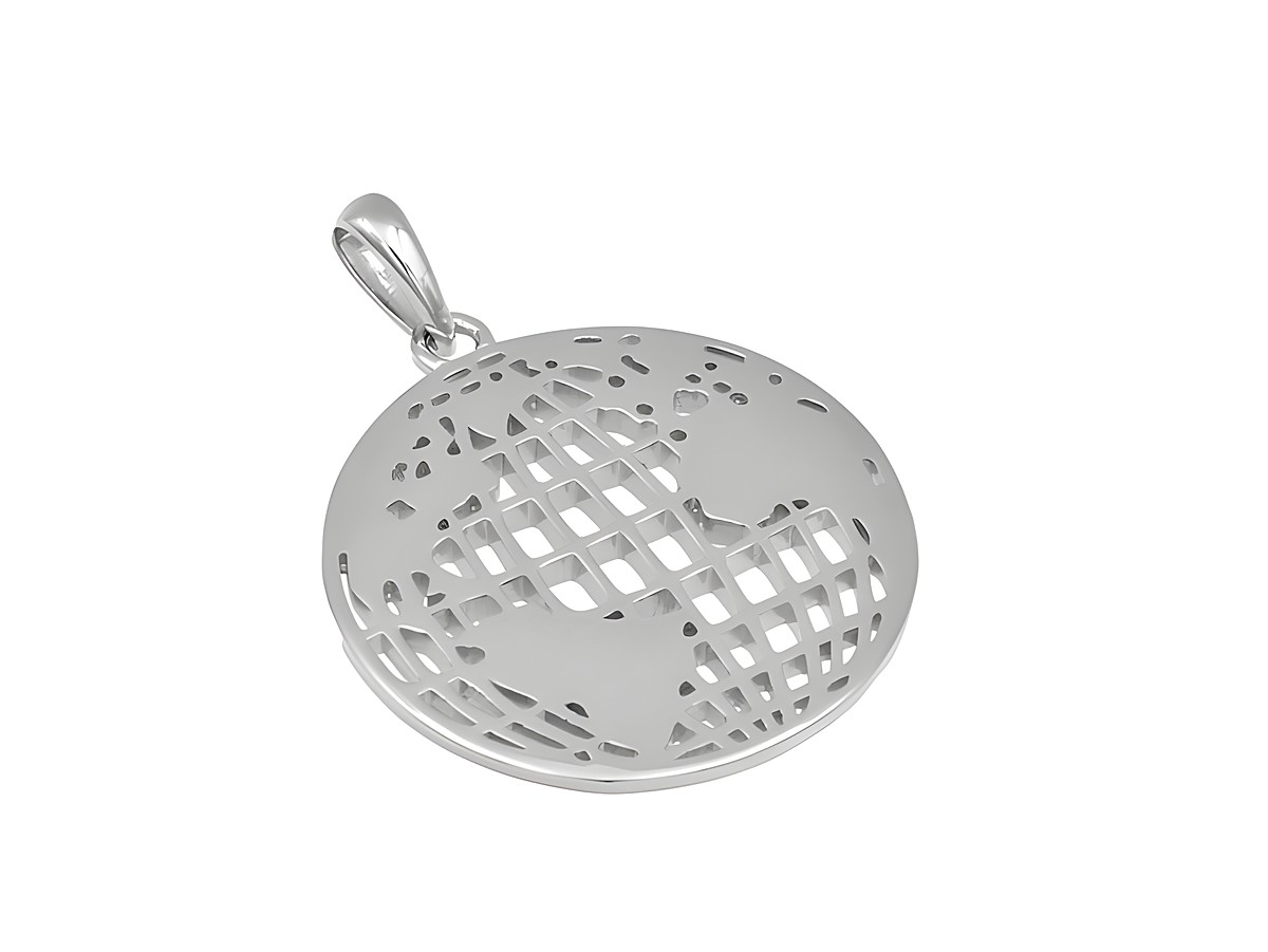 Silber Anhänger in Form eines flachen internationalen Globus, rhodiniert, mit feinen Linien und Löchern für einen luftigen Look, hergestellt von Juwelier Harnisch, diverse Motive erhältlich.