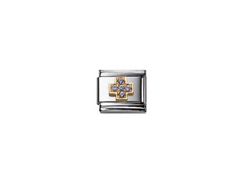 Zirkonia Kreuz in hellblau auf einem Nomination Classic Element, silberne Basis mit goldfarbener Kreuzgestaltung, ideal für persönlichen Schmuck und stilvolle Akzente.