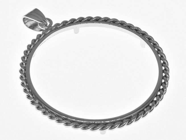 Münzfassung Anhänger aus rhodiniertem 925 Sterling Silber mit einem Durchmesser von 39 mm, ideal für Münzen bis 4,0 cm, Design mit gedrehtem Rand, Hersteller Juwelier Harnisch.