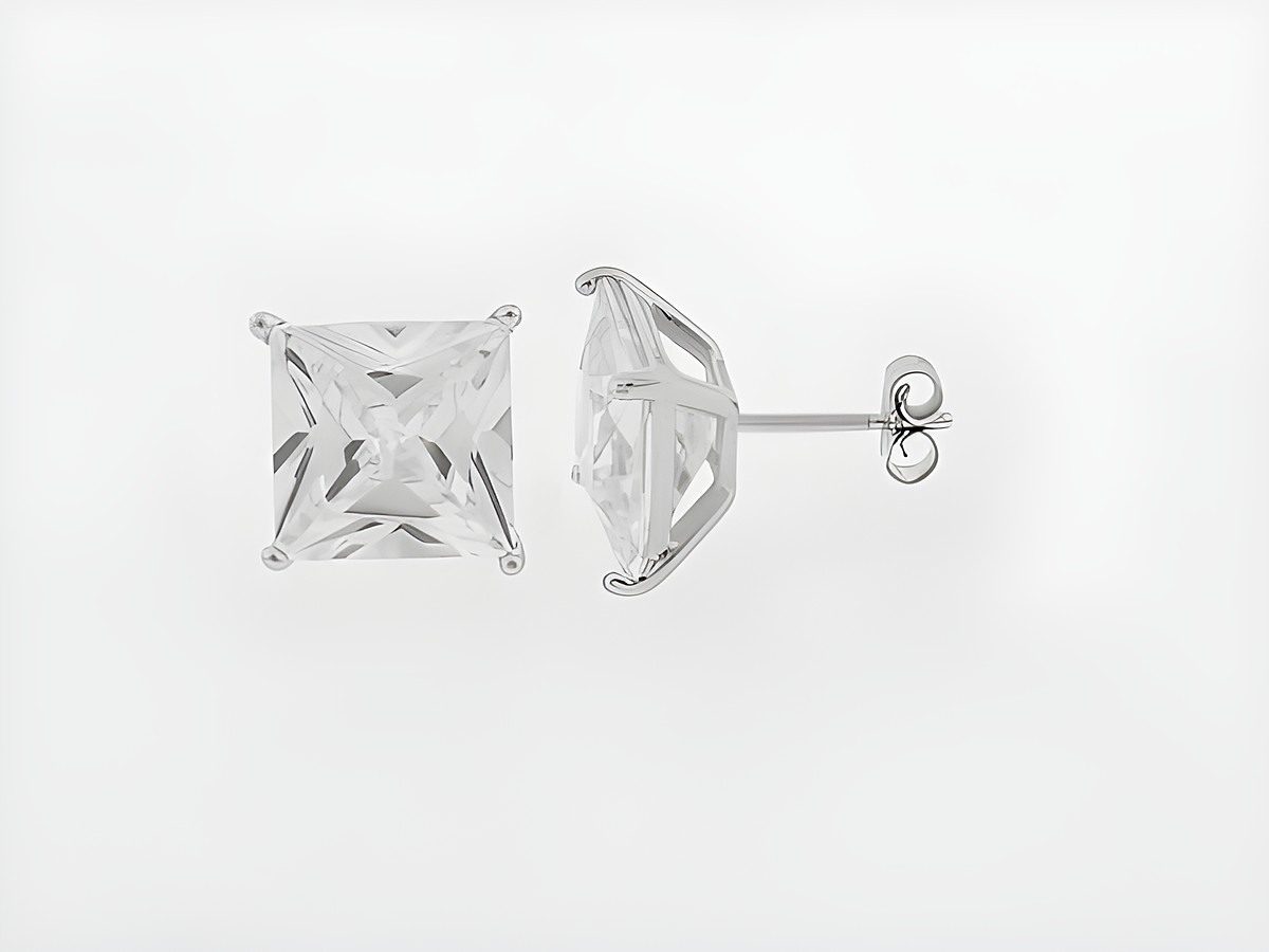 Silber Ohrringe in quadratischer Form mit einem Durchmesser von 11 mm, besetzt mit Zirkonia, Stecker, Hersteller Juwelier Harnisch.