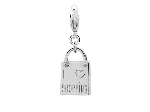Silberner Charms von Ti Sento mit einem Einkaufsbeutel, der die Aufschrift I love Shopping trägt. Ideal zum Verschönern von Armbändern oder Ketten.