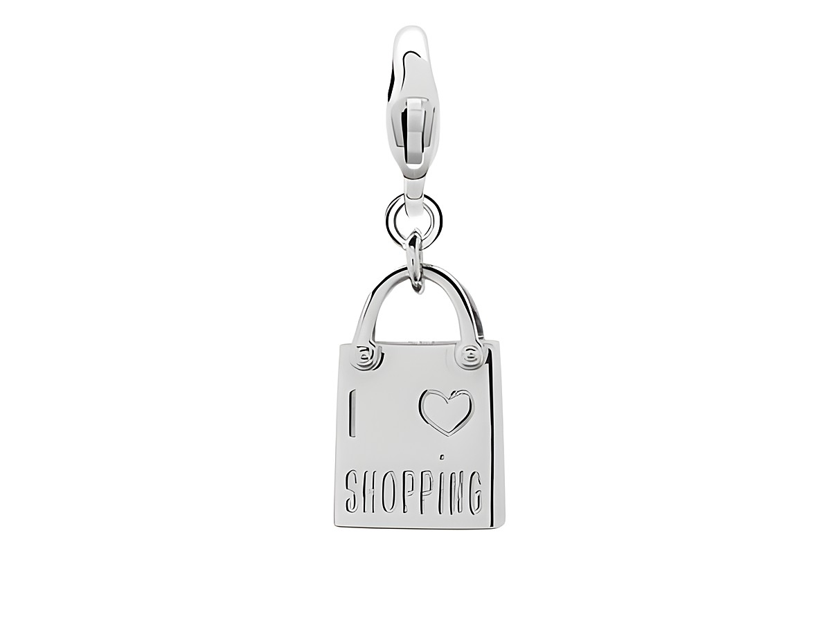 Silberner Charms von Ti Sento mit einem Einkaufsbeutel, der die Aufschrift I love Shopping trägt. Ideal zum Verschönern von Armbändern oder Ketten.