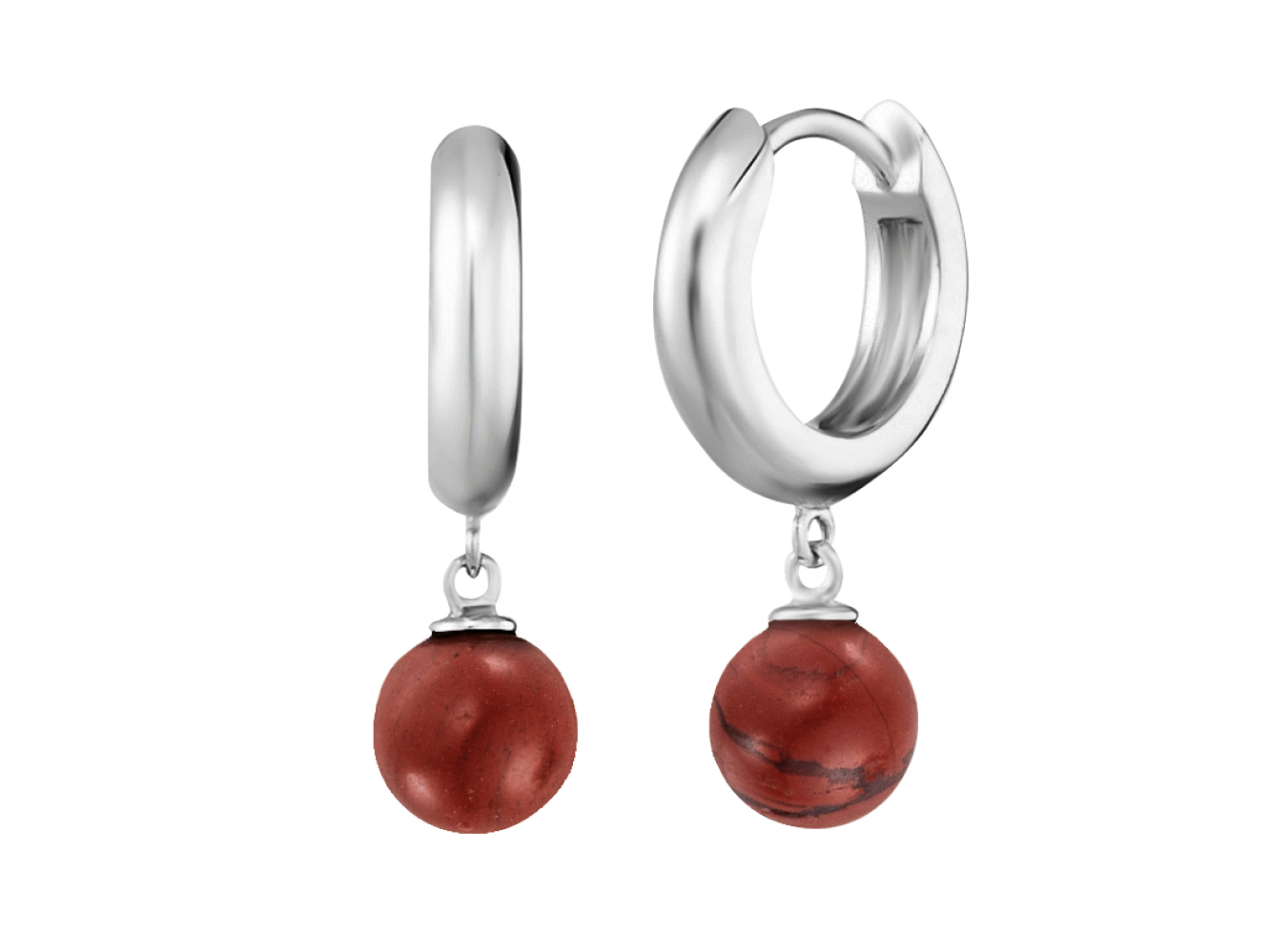 Ohrringe aus rhodiniertem Silber mit einem hängenden roten Jaspis-Kraftstein, der durch sein intensives Rot und die glatte Oberfläche besticht. Ideal für kreative Schmuckliebhaber.