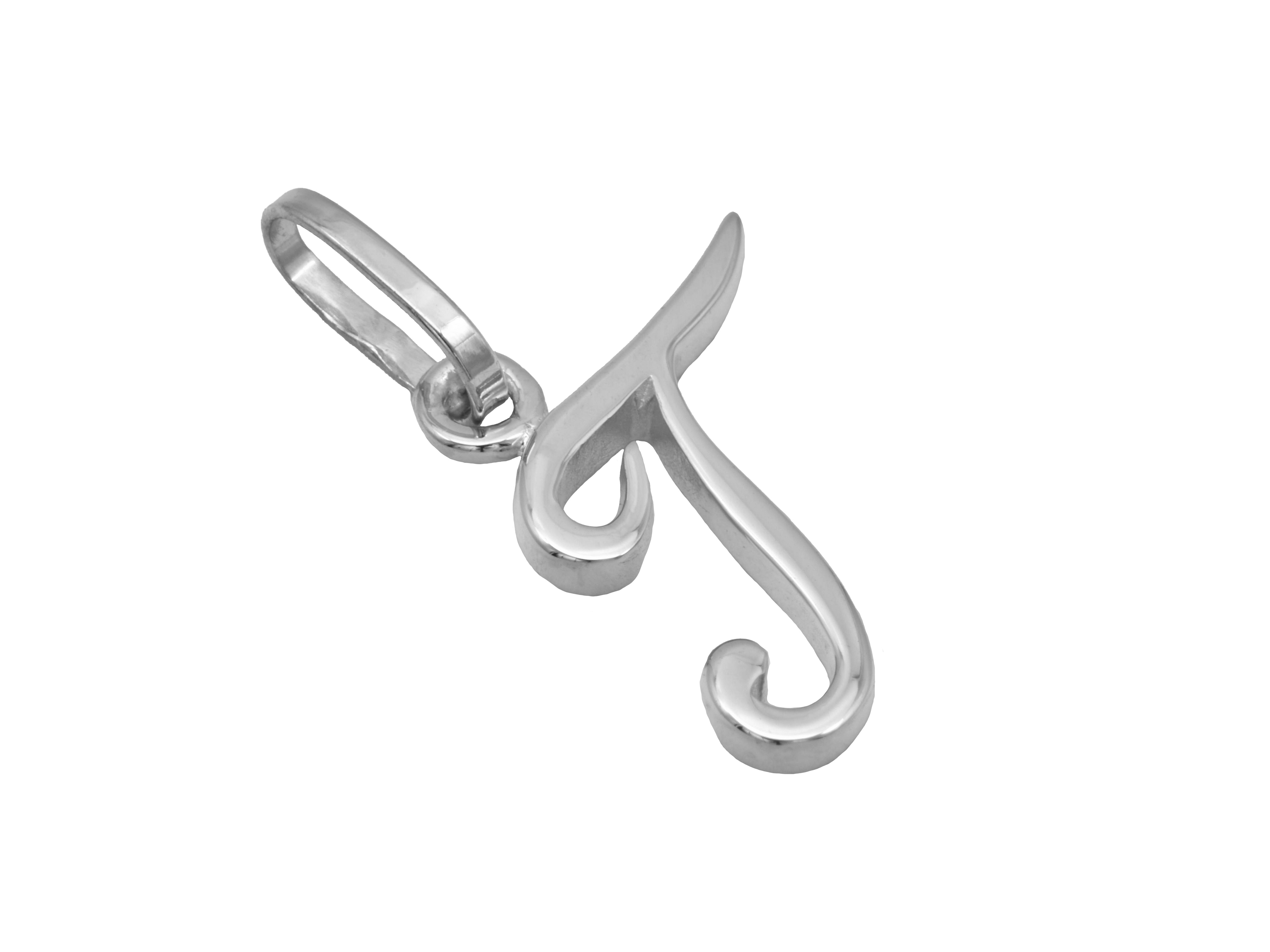 Buchstaben Anhänger Buchstabe T aus Sterling Silber rhodiniert und poliert, hergestellt von Juwelier Harnisch, ideal für eleganten Schmuck und persönliche Geschenke.