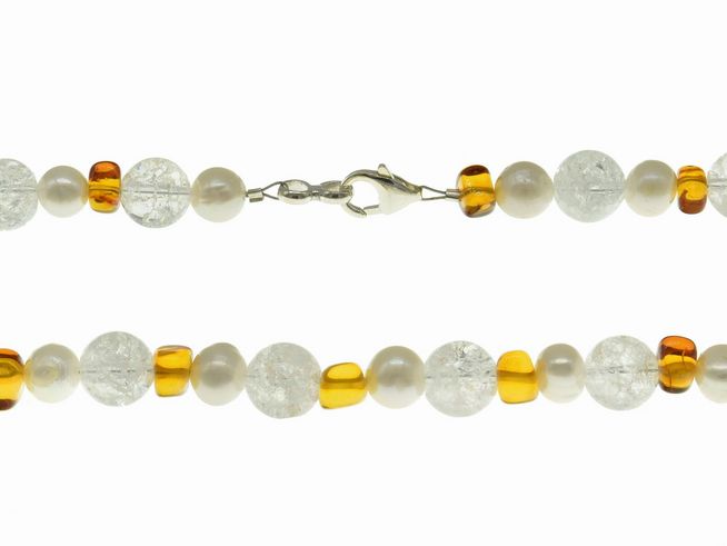 Steinkette aus Bernstein, Bergkristall und weißen Süßwasser-Zuchtperlen, Durchmesser 7-10,5 mm, Länge 45 cm, mit Silberverschluss, elegant und zeitlos.