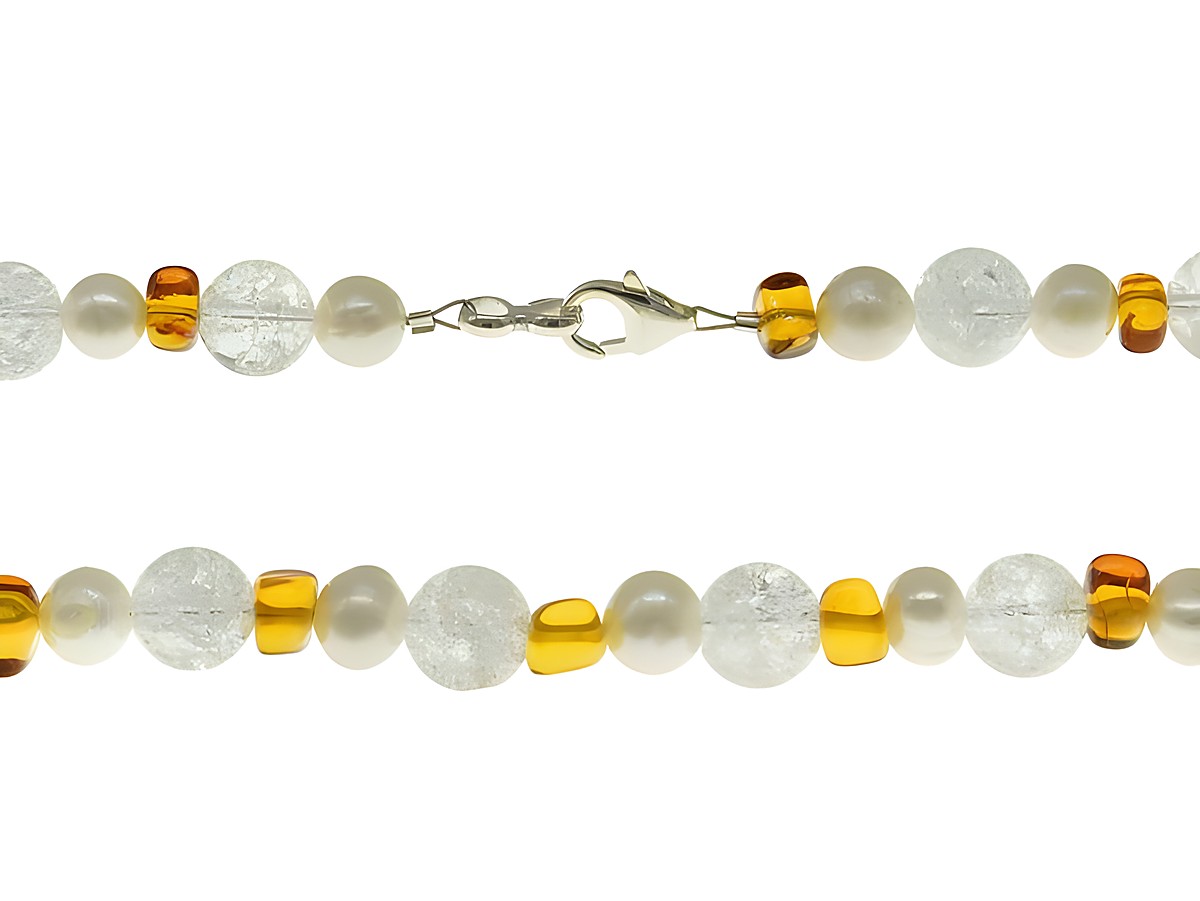Steinkette aus Bernstein, Bergkristall und weißen Süßwasser-Zuchtperlen, Durchmesser 7-10,5 mm, Länge 45 cm, mit Silberverschluss, elegant und zeitlos.