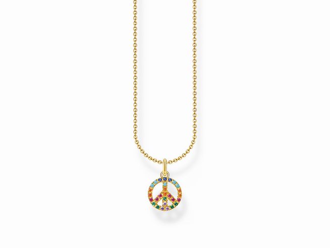 Kette aus vergoldetem Sterling Silber mit einem bunten Peace-Anhänger, 45 cm lang, von Thomas Sabo, stilvolles Schmuckstück für den individuellen Look.