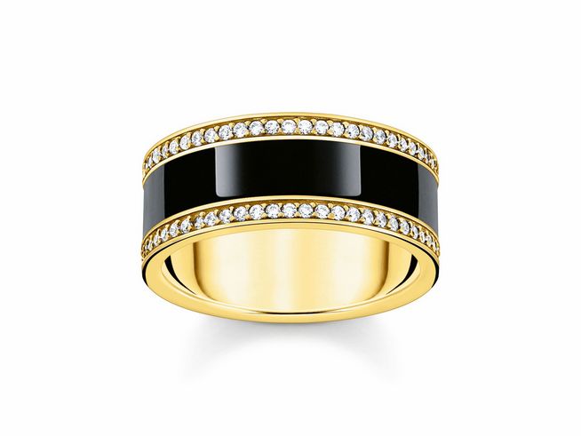 Ring von Thomas Sabo TR2446-565-11-56 aus vergoldetem Silber mit schwarzer Emaille und Zirkonia-Steinen in Größe 56, elegantes und modernes Design.