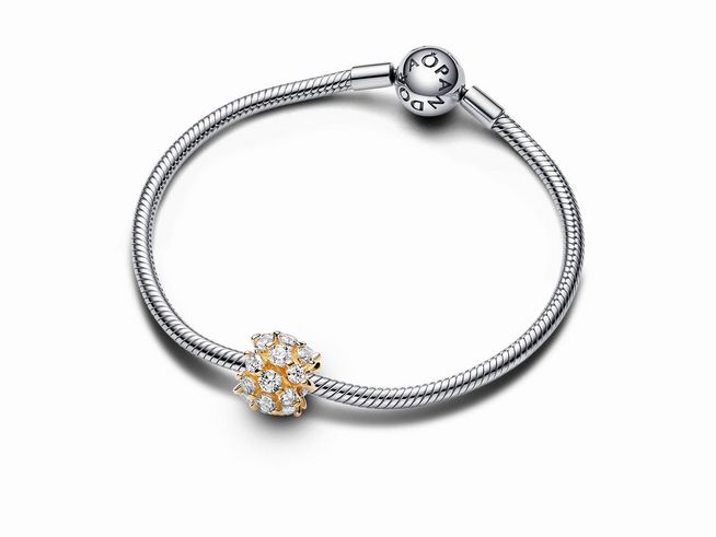 Ein elegantes Armband von Pandora mit einer Funkelnden Charm in runder Form, mit Gelbgold Vergoldung und klaren Zirkonia, perfekt für jeden Anlass und stilvoll kombinierbar.