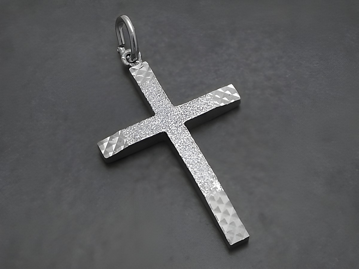 Silber Kreuz Anhänger mattiert und Diamantschliff mit Muster, Hersteller Juwelier Harnisch, elegantes Design für den persönlichen Stil. Ideal als Schmuckstück oder Geschenk.