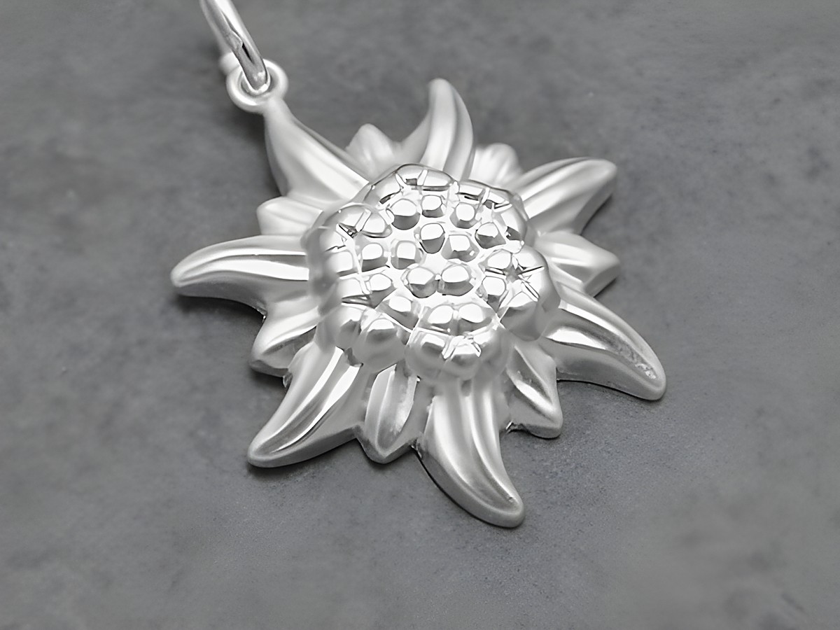 Silber Anhänger in Form eines Edelweiss, symbolisch und teilmattiert, hergestellt von Juwelier Harnisch, zeigt detailreiche Pflanzenmotive und edles Design für Schmuckliebhaber.