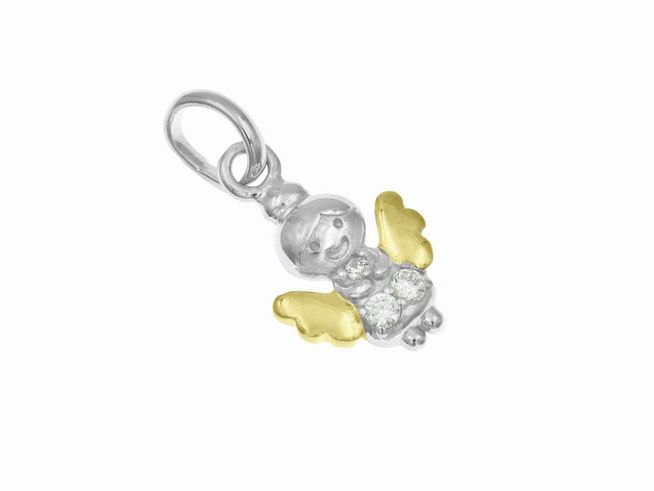 303447-0 Ein niedlicher Anhänger in Form eines strahlenden Engels aus Sterling Silber, rhodiniert und teilvergoldet, mit glitzernden Details, ideal als kindlicher Schmuck.