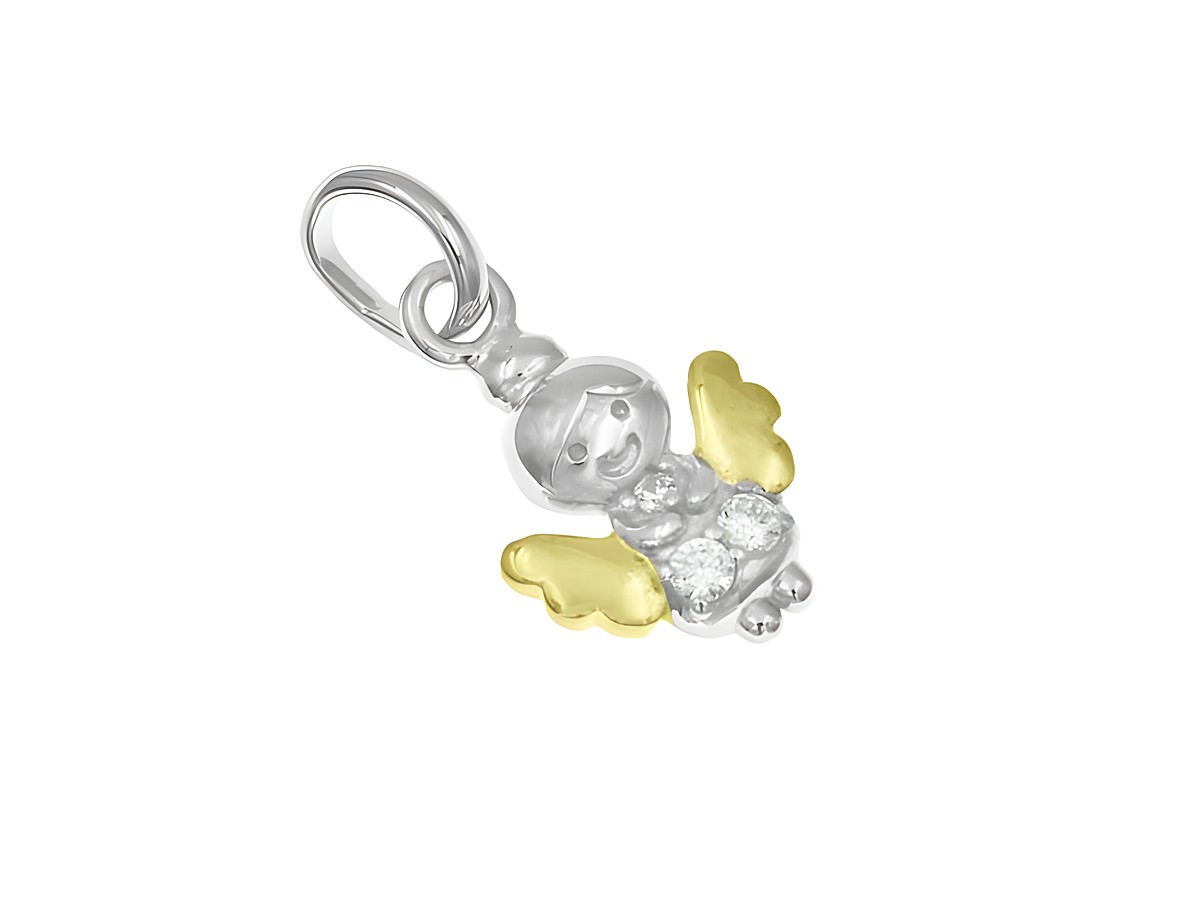 Ein niedlicher Anhänger in Form eines strahlenden Engels aus Sterling Silber, rhodiniert und teilvergoldet, mit glitzernden Details, ideal als kindlicher Schmuck.