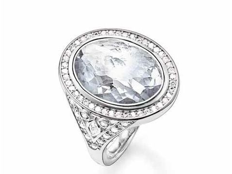 Eleganter Thomas Sabo Ring aus Sterling Silber mit großem ovalem Zirkonia in weiß und funkelnden Zirkonia-Steinen, Größe 56. Ideal für besondere Anlässe und als modisches Accessoire.