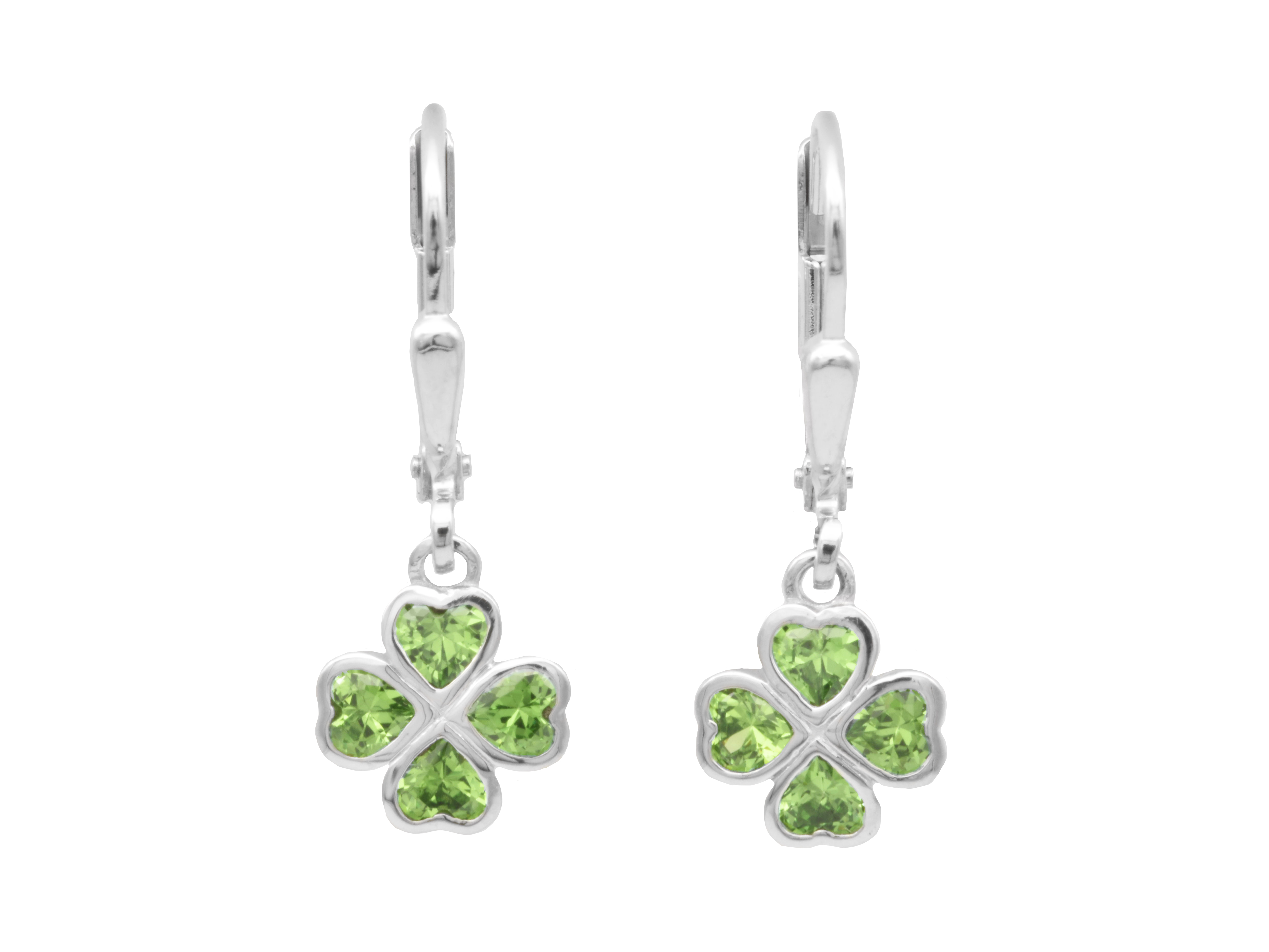 Ohrhänger in Form eines Kleeblatts aus rhodiniertem Sterling Silber mit grünen Zirkonia-Steinen, Hersteller Juwelier Harnisch, elegant und verspielt.