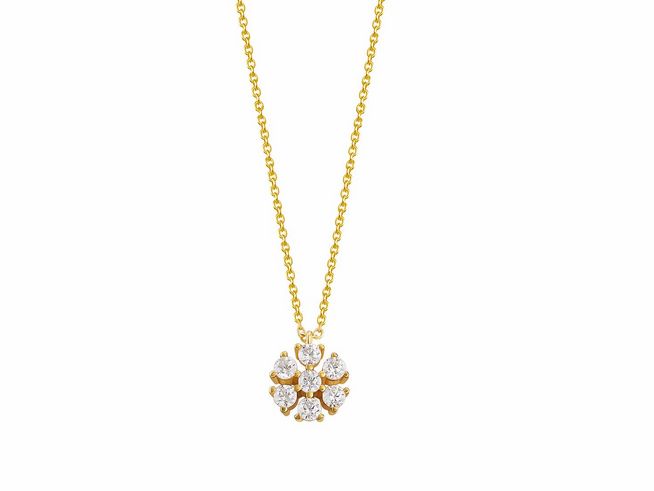 Eine elegante Xenox Sterling Silber Kette in Gelbgold Vergoldung mit einem fancy cut Anhänger in Blumenform, verziert mit funkelnden Steinen, Länge von 40 bis 45 cm.