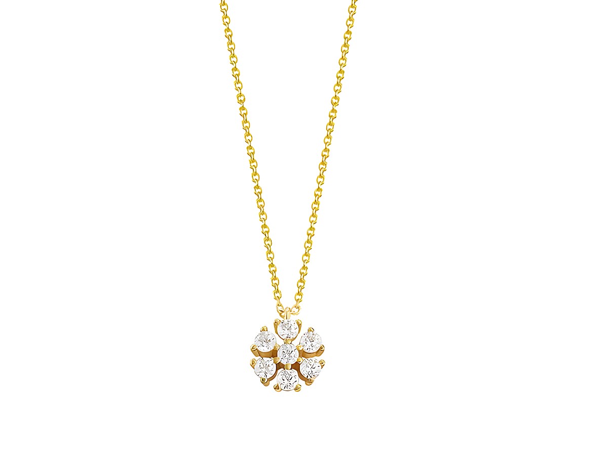 Eine elegante Xenox Sterling Silber Kette in Gelbgold Vergoldung mit einem fancy cut Anhänger in Blumenform, verziert mit funkelnden Steinen, Länge von 40 bis 45 cm.
