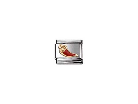 Emaillierte Chili rot von Nomination Classic LUCK, präsentiert in einem silbernen Rahmen, eignet sich ideal als Accessoire für Essen und Trinken.