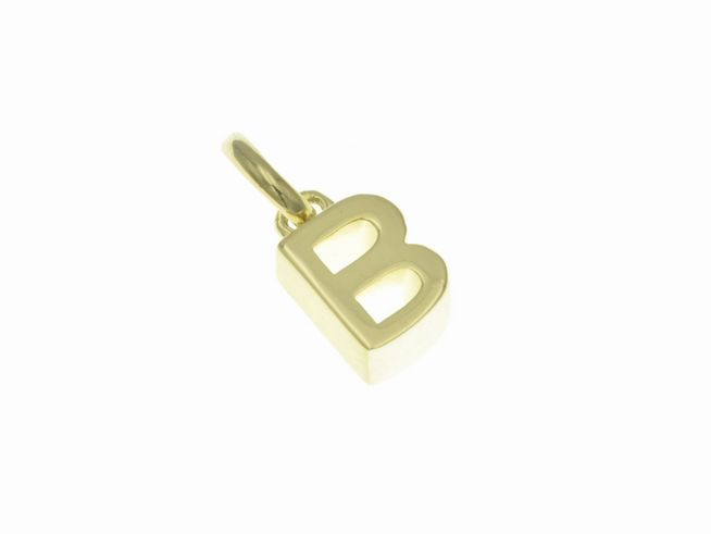 Anhänger aus poliertem Sterling Silber in Form des Buchstabens B, vergoldet in Gelbgold, hergestellt von Juwelier Harnisch. Ideal als persönliche Ergänzung für Schmuck.