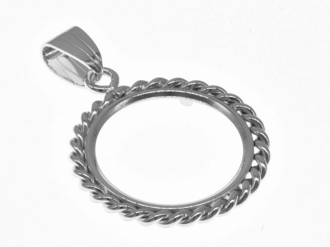 Münzfassung Anhänger aus rhodiniertem 925 Sterling Silber, geeignet für Münzen bis 20 mm Durchmesser, mit geschwungenem Kordelrand, ideal für persönliche Schmuckstücke.