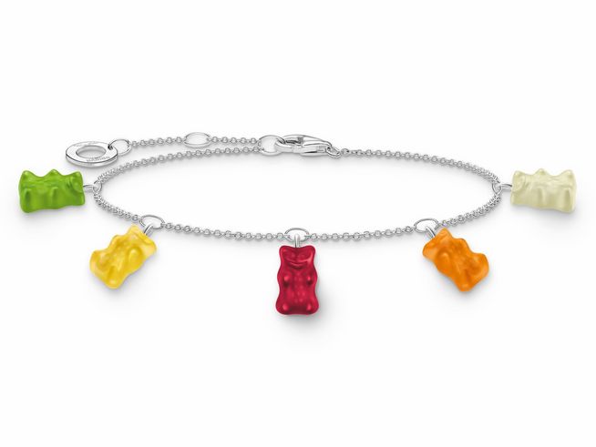 Armband von Thomas Sabo mit HARIBO Gummibärchen Anhängern in verschiedenen Farben, gefertigt aus Silber und Glas, verstellbar von 16 bis 19 cm.