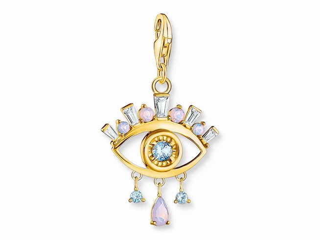 Charm-Anhänger von Thomas Sabo in vergoldetem Silber, gestaltet als Nazar-Auge mit bunten Zirkonia-Steinen und Anhängern, symbolisiert Glück und Schutz.