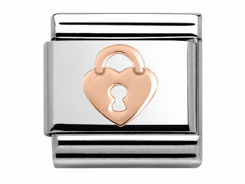 Classic Herzschloss von Nomination in Roségold. Das Design zeigt ein Herz mit einem Schloss und einem Schlüsselloch, eingebettet in einem silbernen Rahmen. Ideal für Armbänder.