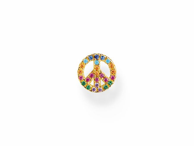 Ohrstecker aus Sterling Silber vergoldet in Form eines Peace Symbols, verziert mit bunten Steinen in Blau, Grün und Rosa, von Thomas Sabo, Einzelstück.