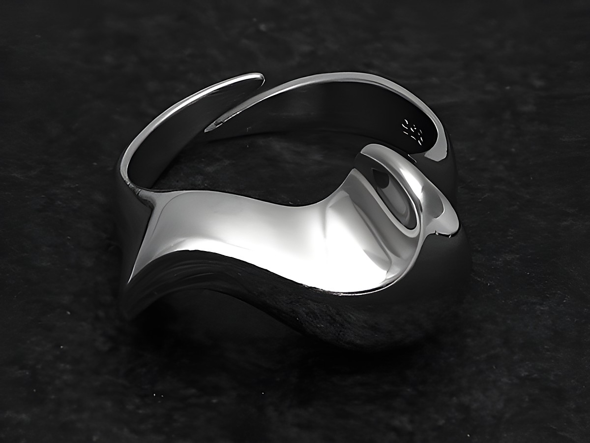 Silberner Ring in geschwungener Form, leicht verstellbar, rhodiniert, ohne Stein, von Juwelier Harnisch, elegant und modern, ideal für besondere Anlässe.