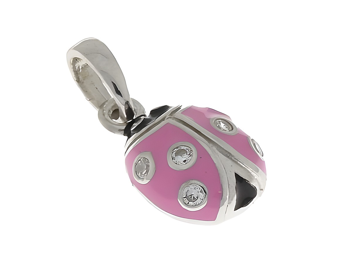 Silber rhodinierter Anhänger in Marienkäfer-Design, verziert mit Zirkonia und pinkem Lack, als Glücksbringer vom Juwelier Harnisch. Ideal für romantische Schmuckliebhaber.