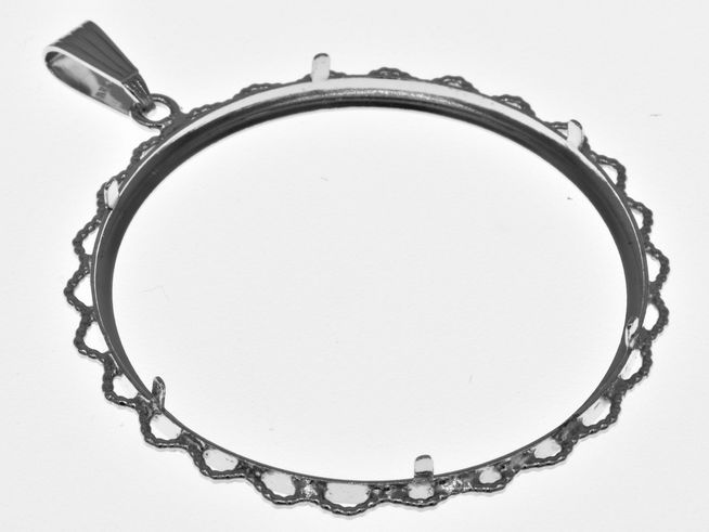 Münzfassung Anhänger aus echt Silber, rhodiniert, mit filigraner Blütenkordel. Durchmesser 40,8 mm, geeignet für Münzen über 4,0 cm. Hersteller Juwelier Harnisch.