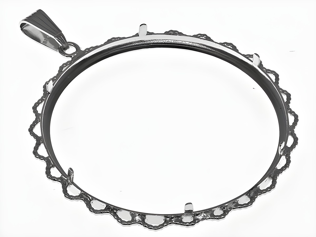 Münzfassung Anhänger aus echt Silber, rhodiniert, mit filigraner Blütenkordel. Durchmesser 40,8 mm, geeignet für Münzen über 4,0 cm. Hersteller Juwelier Harnisch. – Ansicht 3