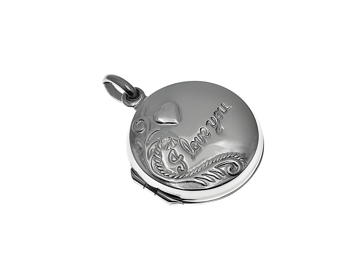 Medaillon Rund aus Silber mit filigranen Verzierungen, graviert mit "I Love you" und einem Herzsymbol. Hersteller: Juwelier Harnisch, einzigartiges Schmuckstück.