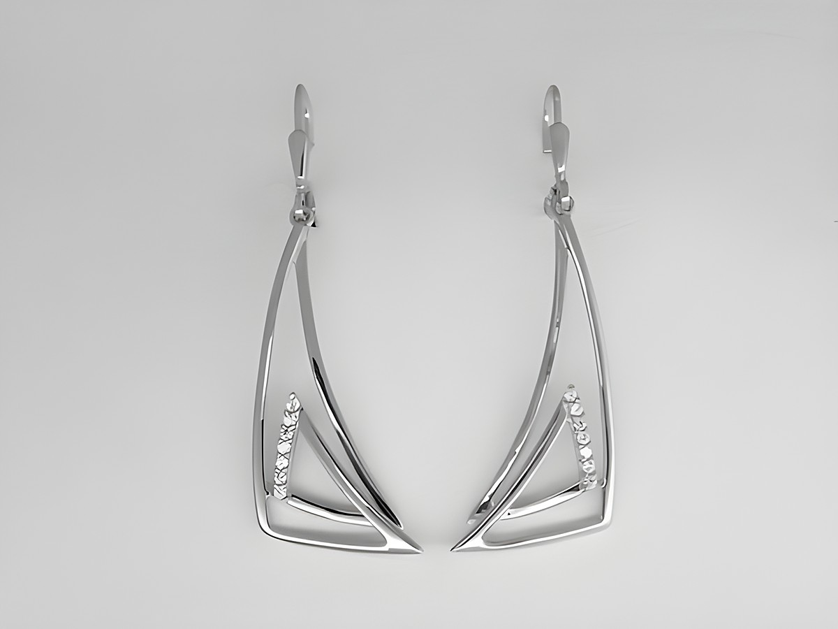 Dreiecks Design Ohrringe aus 925 Sterling Silber, rhodiniert, mit Zirkonia besetzt, ausdrucksstark und elegant, Hersteller Juwelier Harnisch, Ohrhänger mit Stein.