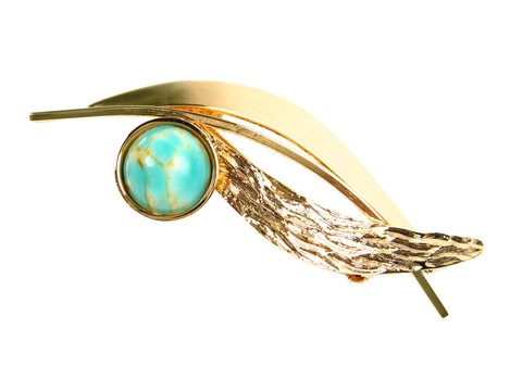 60405-0 Vergoldete Brosche City 56x20mm mit schönem Türkis Imitat, Hersteller Juwelier Harnisch, Broschen Türkis Look. Elegantes Design mit einem geschwungenen Blatt und einer türkisfarbenen Kugel.